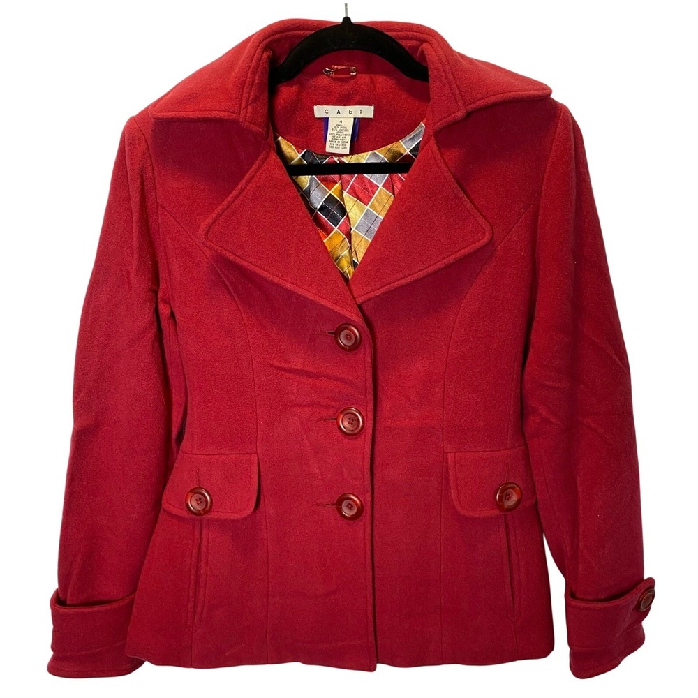 CAbi Women's #619 Tea Coat Jacket Size 4 Wool Blend Lined Red Peacoat Classic